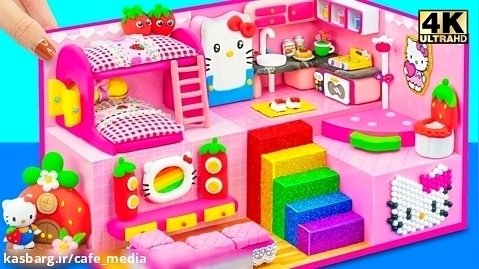کاردستی خانه مینیاتوری - خانه صورتی هلو کیتی با تخت دو طبقه و پله رنگین کمانی