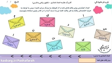کاربرگ ریاضی اعشار تلفیق با املای فارسی