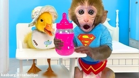 Monkey Baby Bon Bon takes care of the duckling and bathes with it in the toilet
