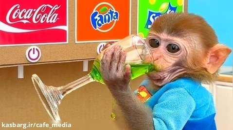 Monkey Baby Bon Bon doing shopping in Toy store and eats ice cream rainbow wit